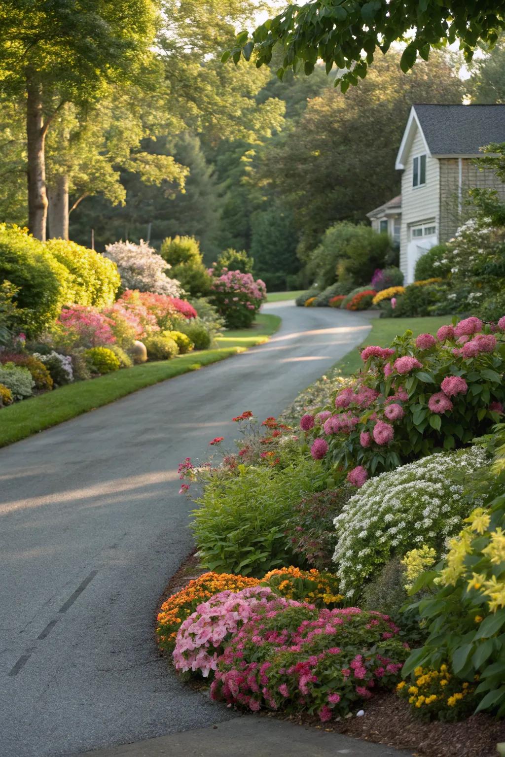 A bright floral border transforms this driveway into a garden walk.