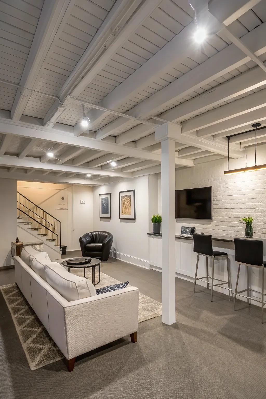 Painted beams introduce architectural appeal and enhance the ceiling’s visual height.