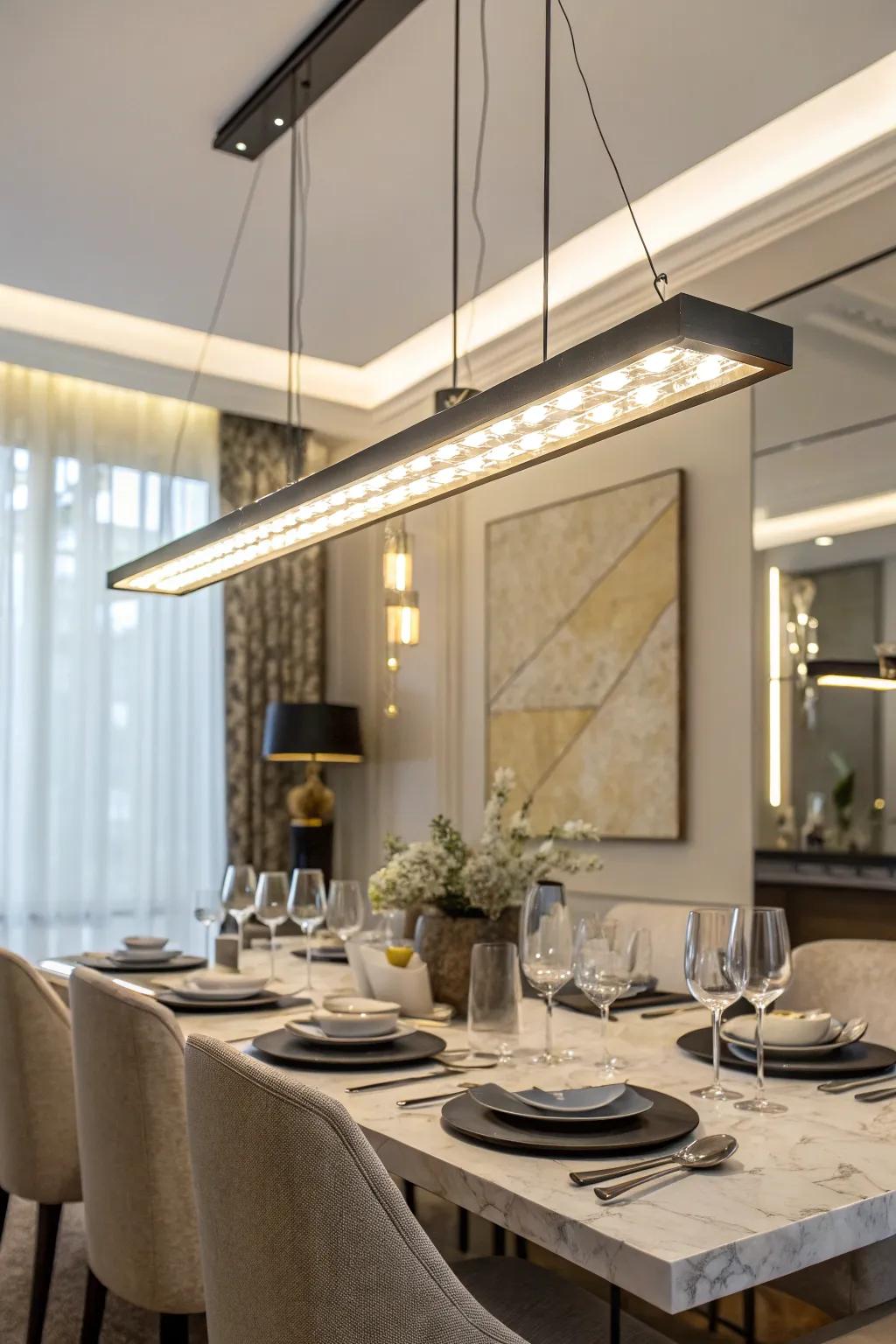 A streamlined linear pendant light positioned over a dining table.