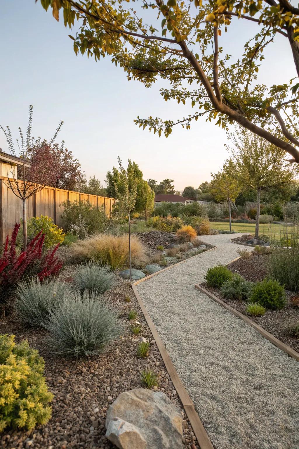 A textured Portland garden using gravel and mulch for easy maintenance.