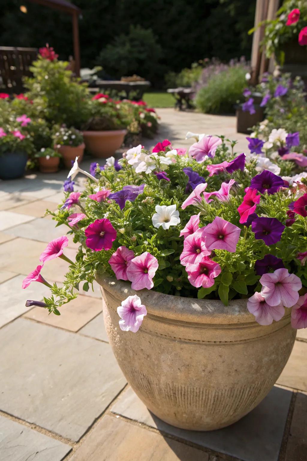 Petunias delivering an explosion of color in the sunlight.