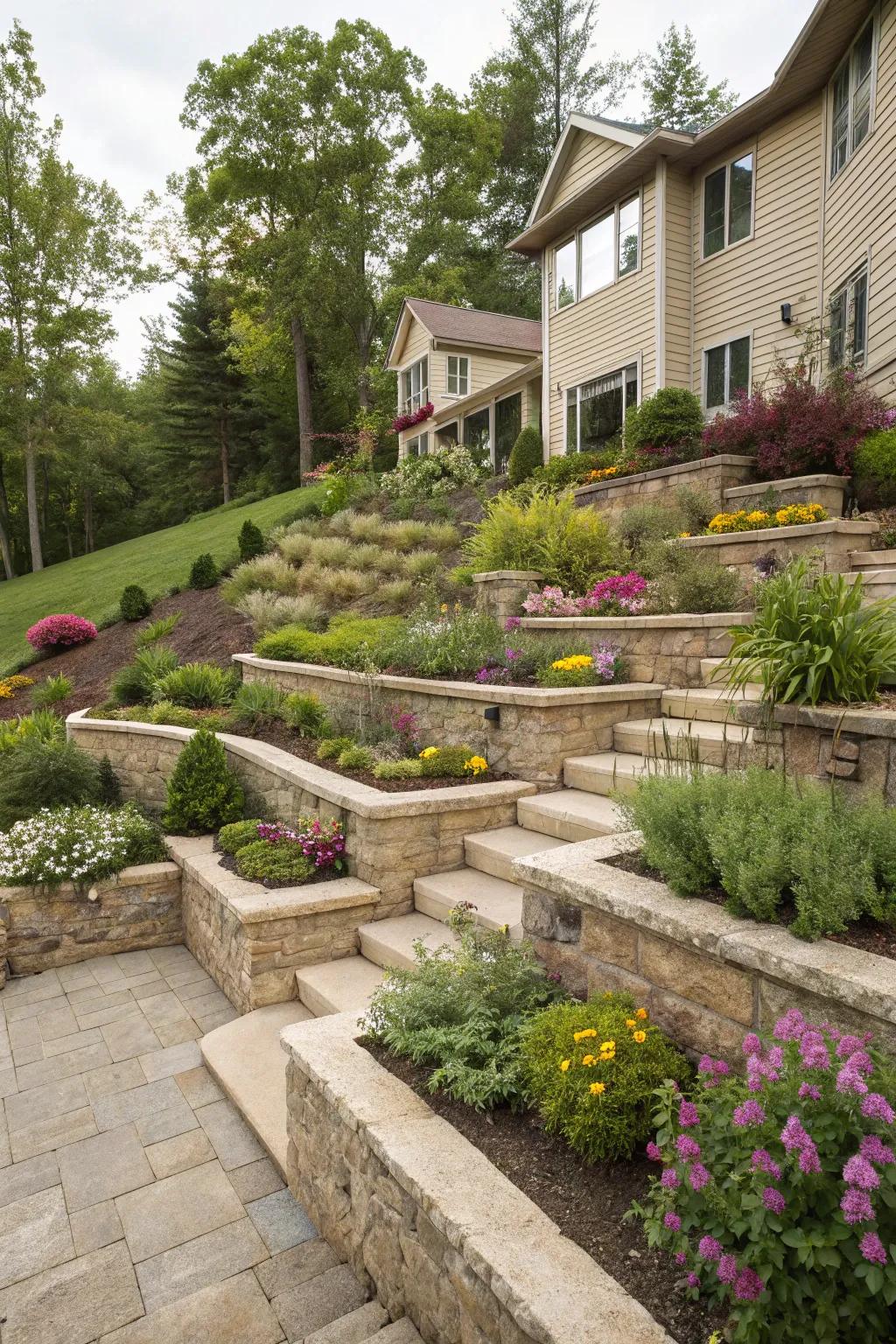 Stepped levels deliver both practicality and visual fascination across sloping gardens.