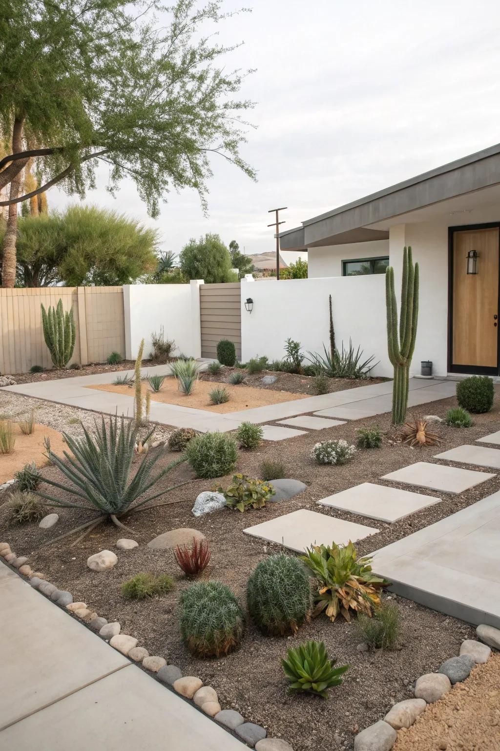 Minimalist design in a xeriscape front yard provides tranquility and ease of maintenance.