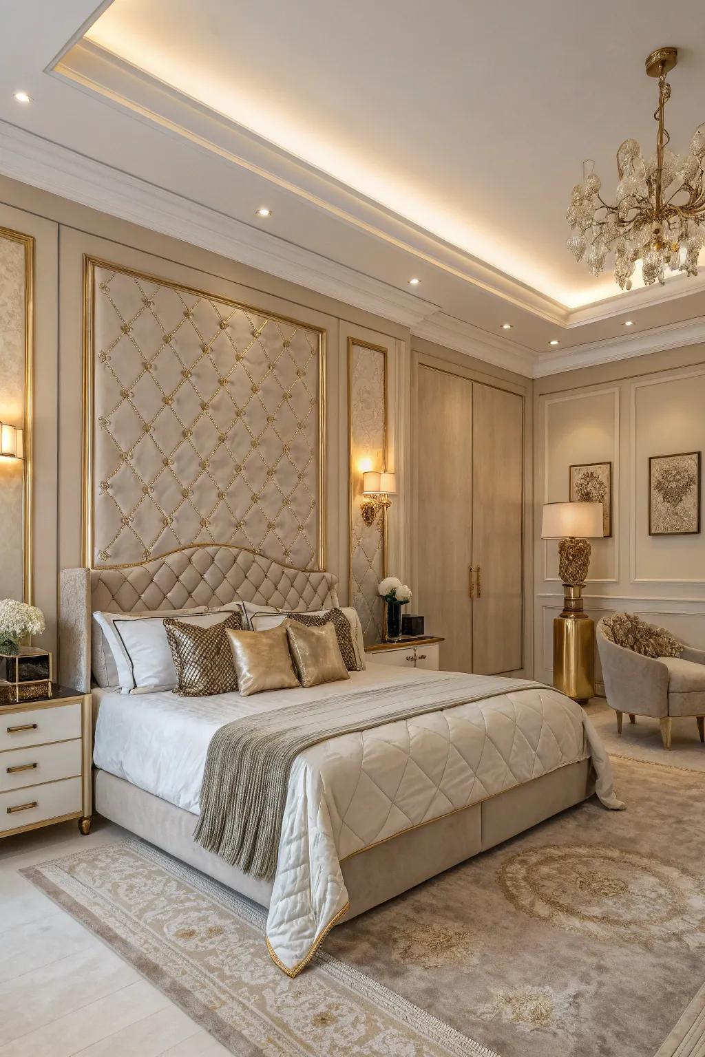 A luxurious bedroom with a sophisticated color scheme featuring neutral tones and metallic accents.