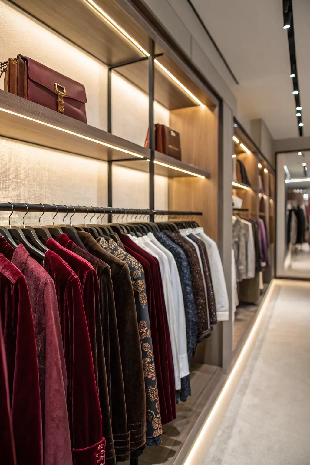 Rows of apparel precisely aligned on matching velvet hangers.