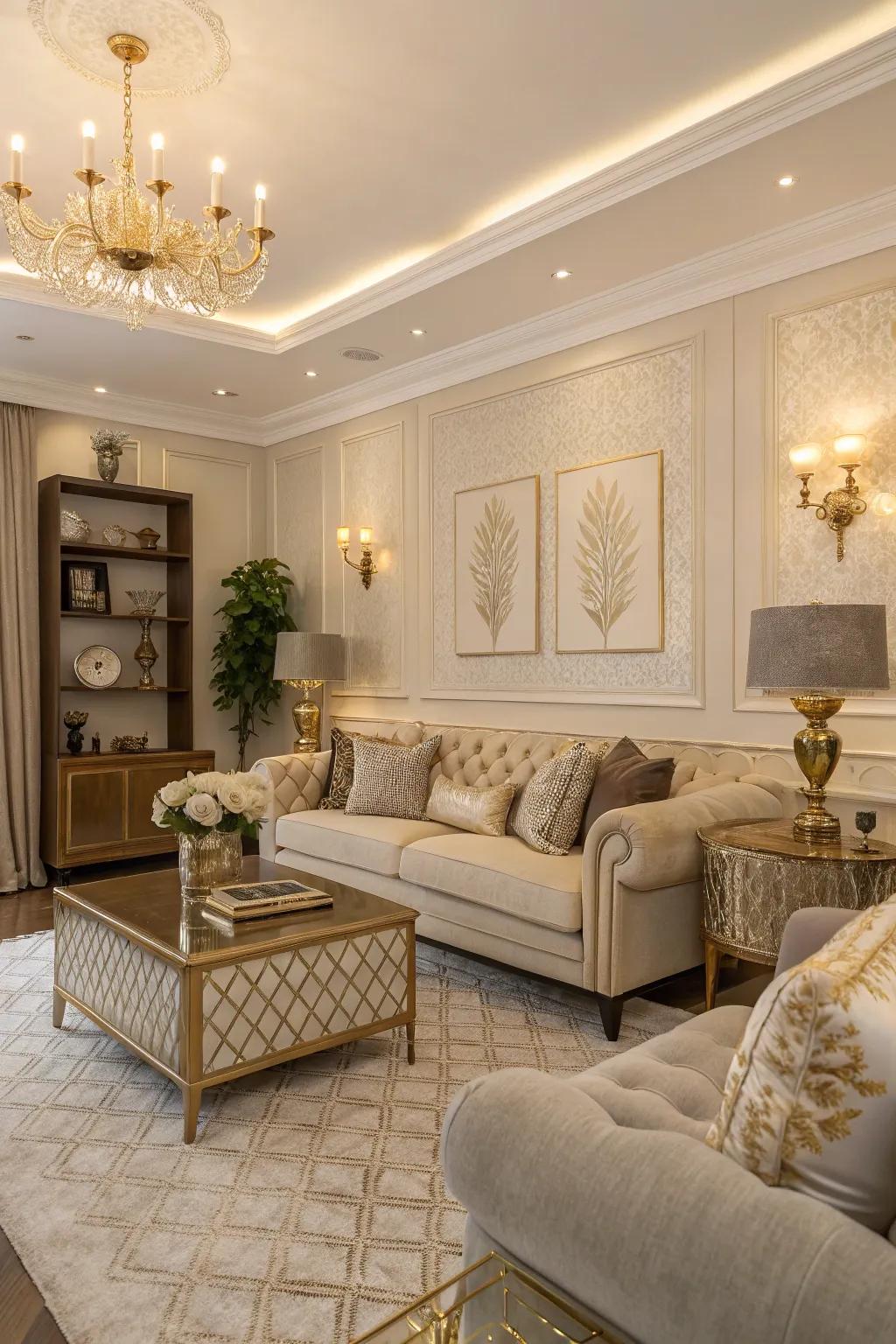 Gilded accents introduce a touch of extravagance to this neutral living space.