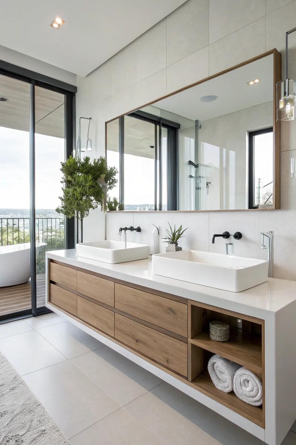 Wall-affixed fixtures featured in an elegant modern bathroom.