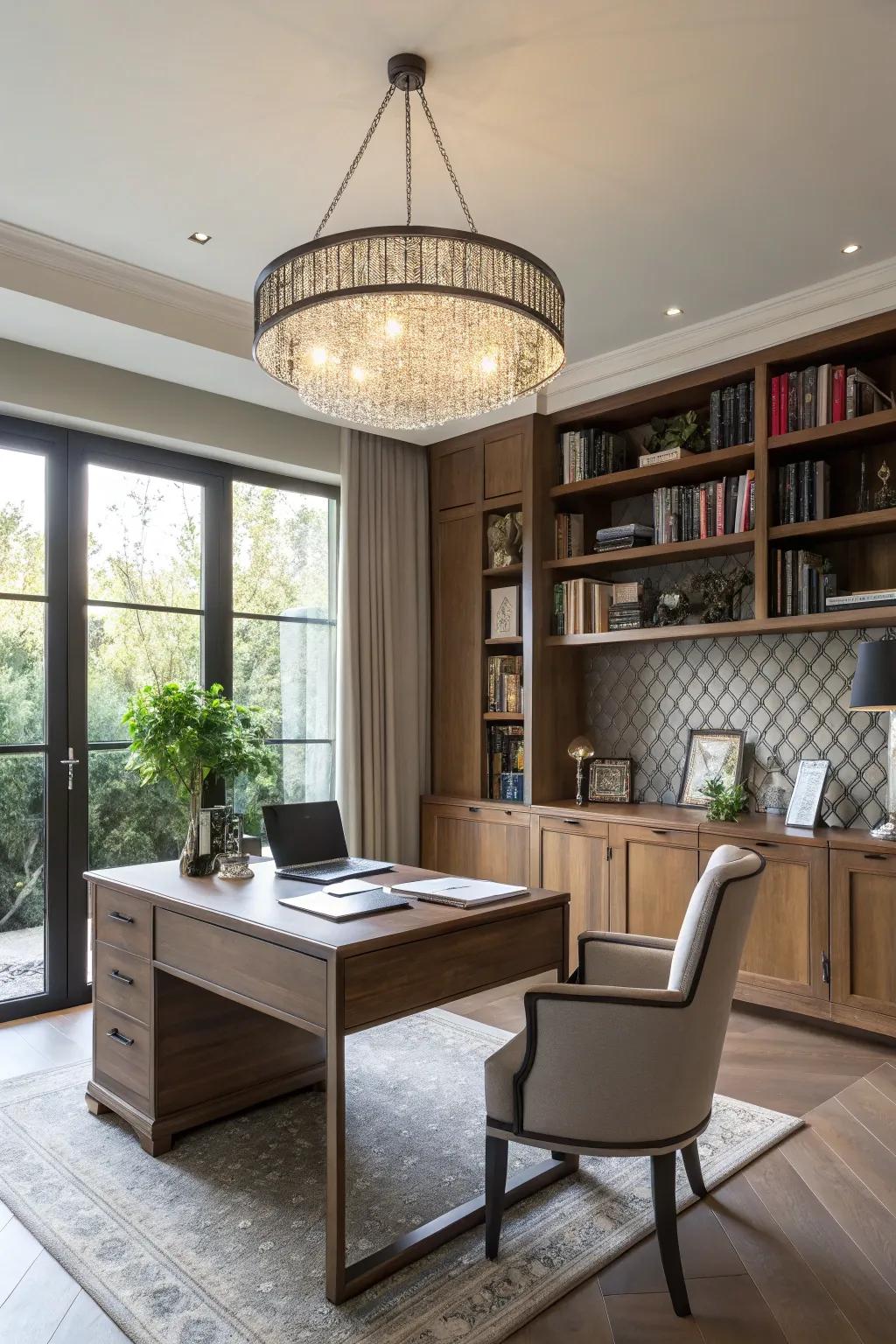 A modern home office with a stunning hanging light.