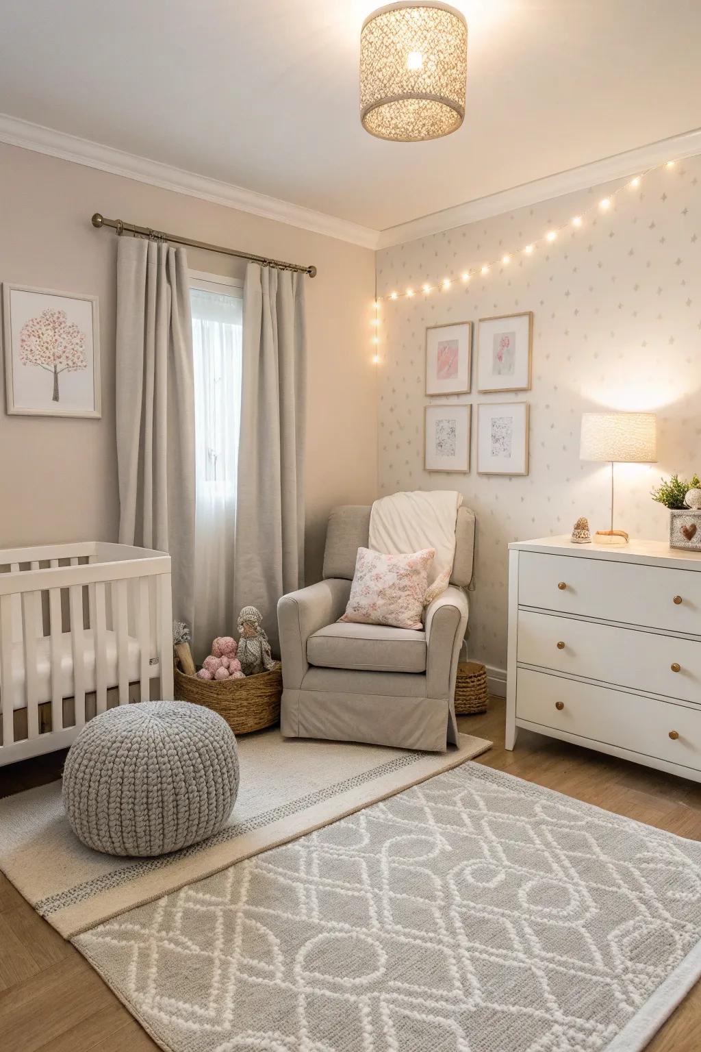 A nursery designed with a calm, soft color theme using cream and gray shades.