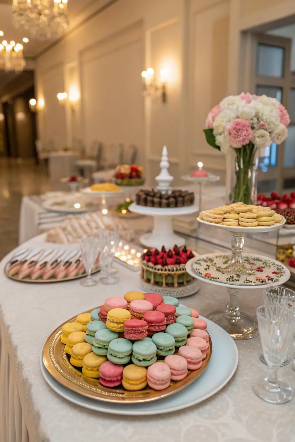 A sweet treats table featuring macarons and assorted confections.