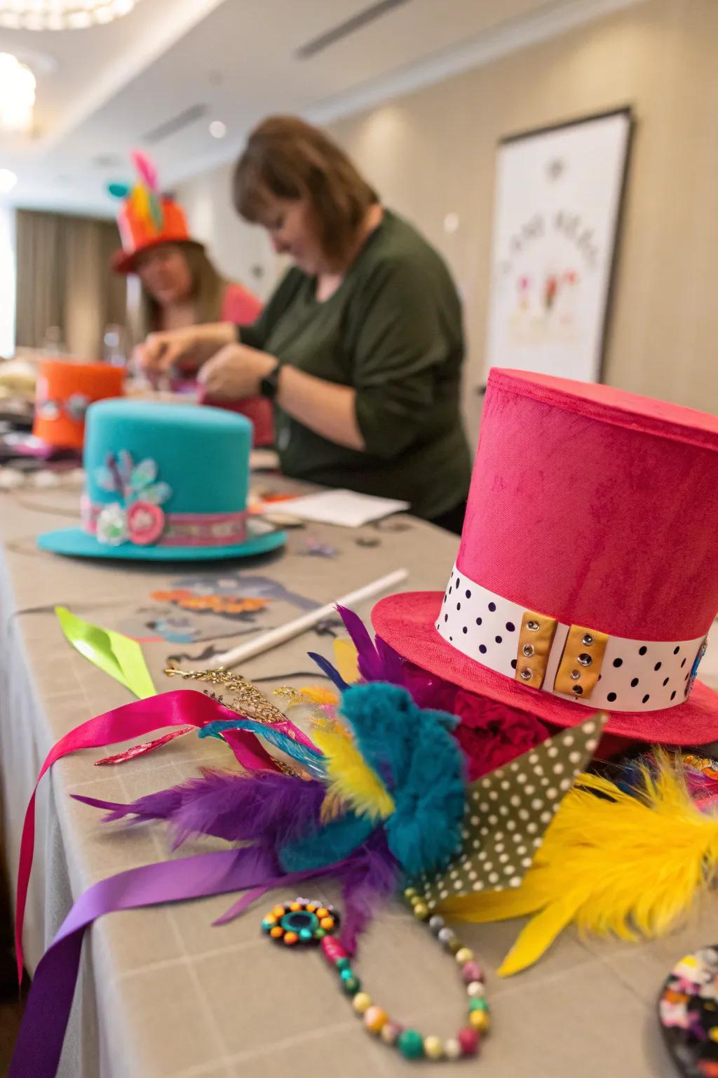 A crafting area stocked with provisions for adorning unique Mad Hatter headwear.