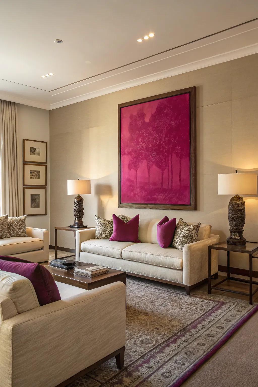 Vibrant fuchsia art pieces bring energy and creativity to this living space.