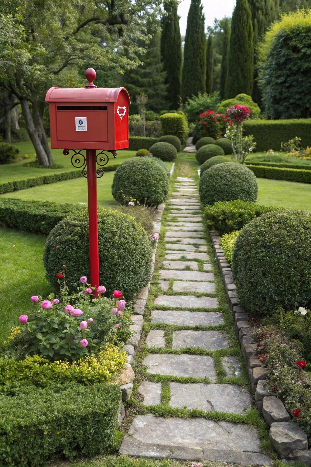 Symmetrical stone designs impart a classic sense to mailbox landscaping.