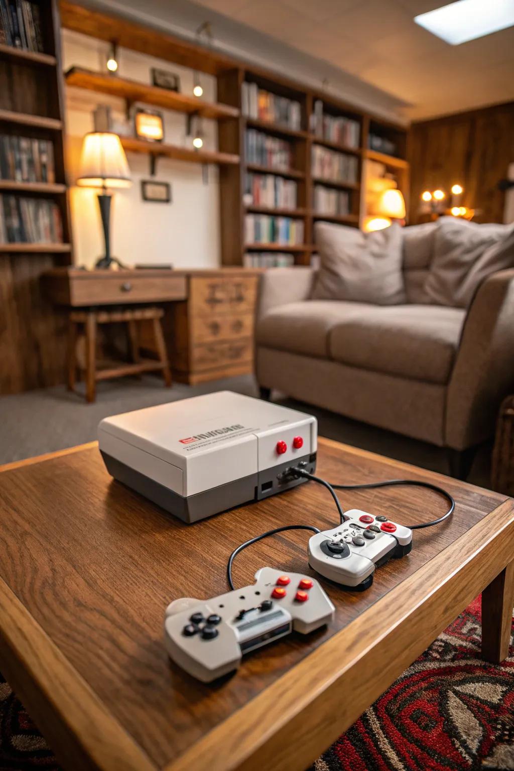 A retro gaming console enriches the man cave with nostalgic enjoyment.