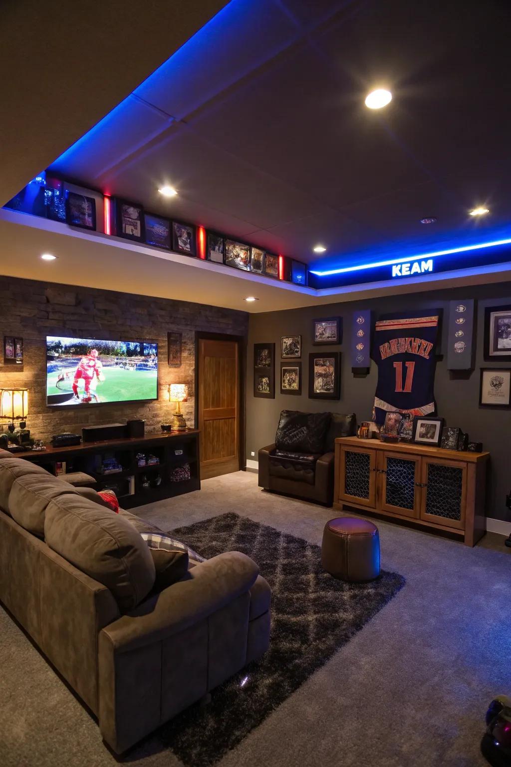 Encompassing illumination engenders a calming atmosphere within this man cave.