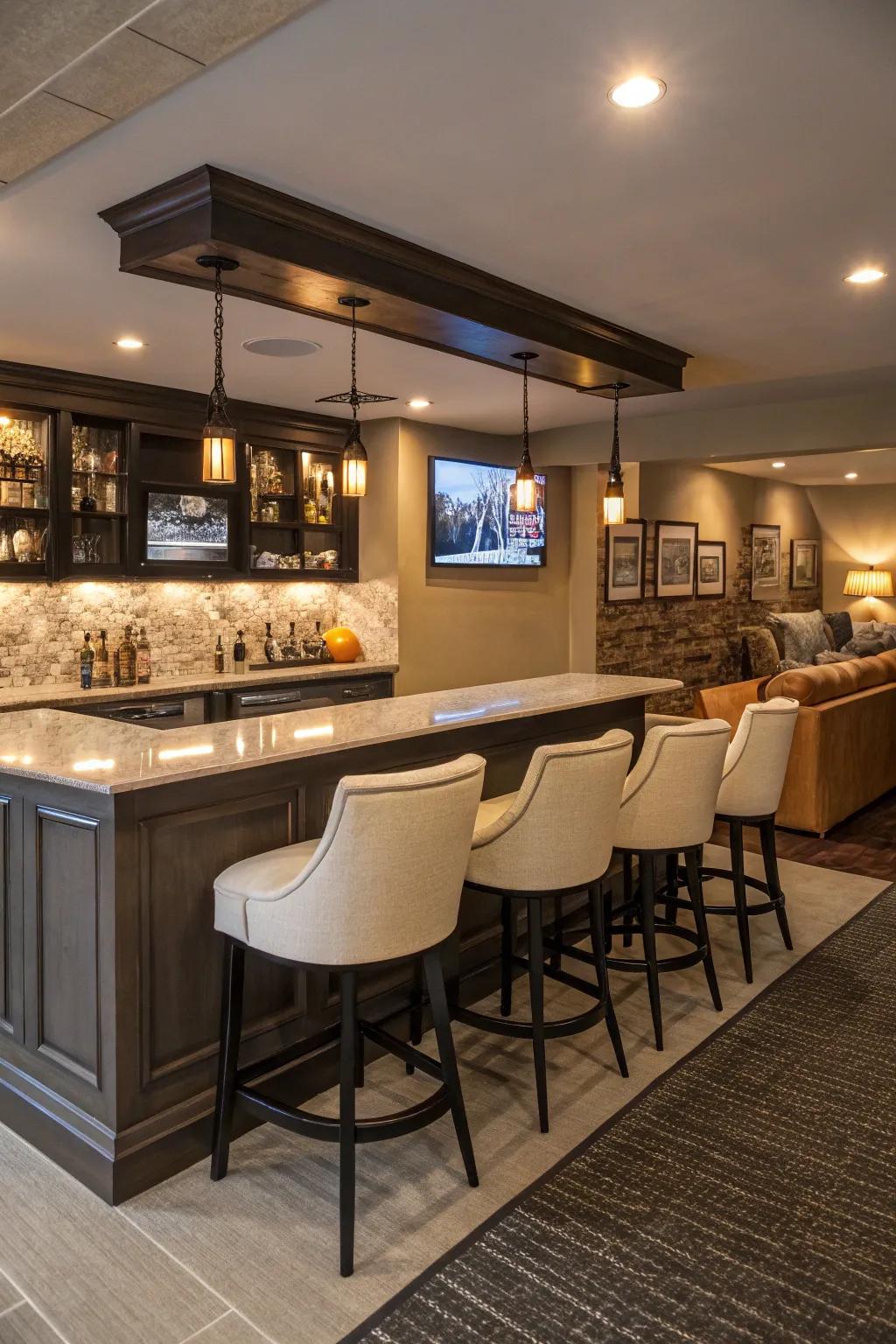 A stylish bar section ideal for entertaining within a man cave.