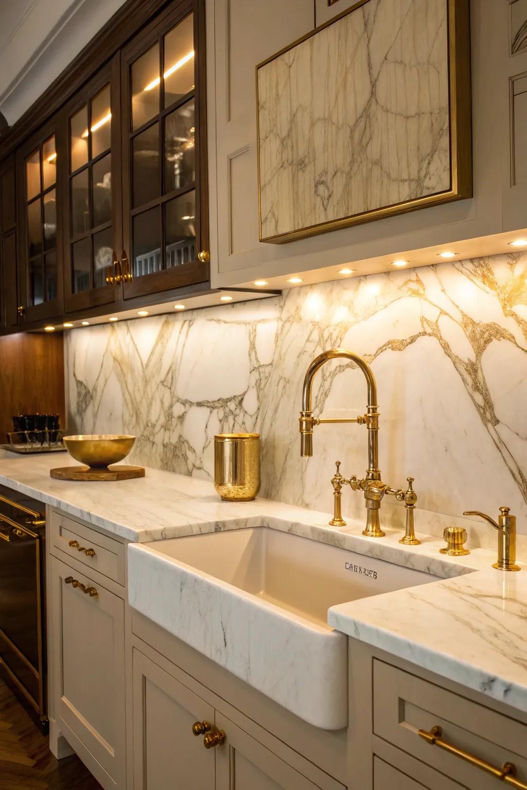 A luxurious kitchen with gold-streaked Calacatta marble backsplash.