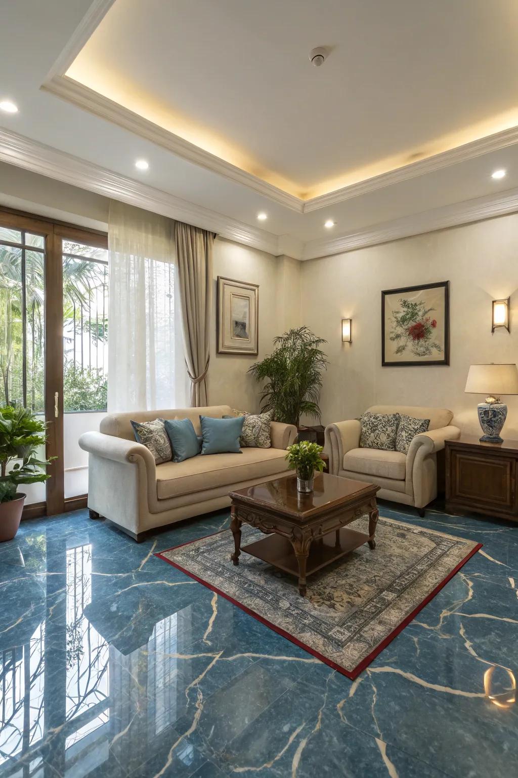 Calming blue stone flooring for a serene living space.