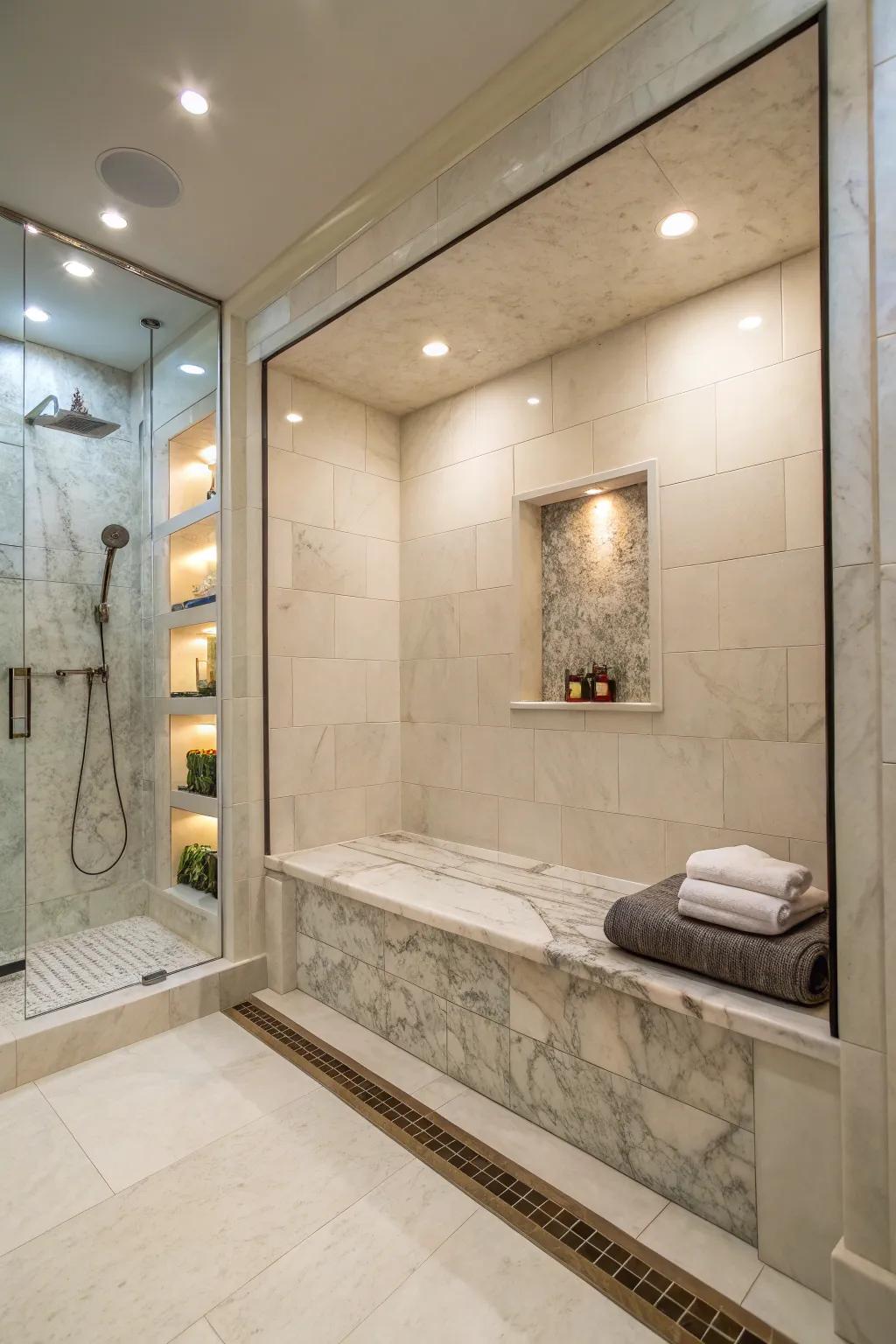 A suspended stone seat beneath the niche elevates the shower experience.