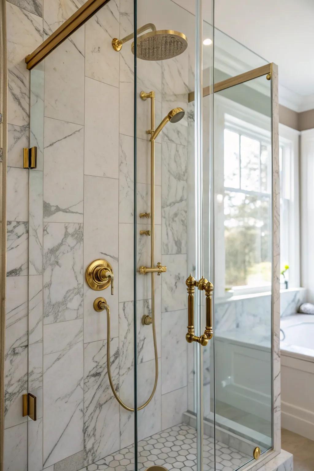 Gold accents elevate the luxury of marble tiles.