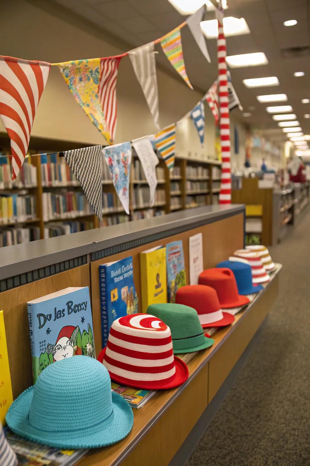 A playful display for Dr. Seuss's birthday, complete with fanciful decorations.