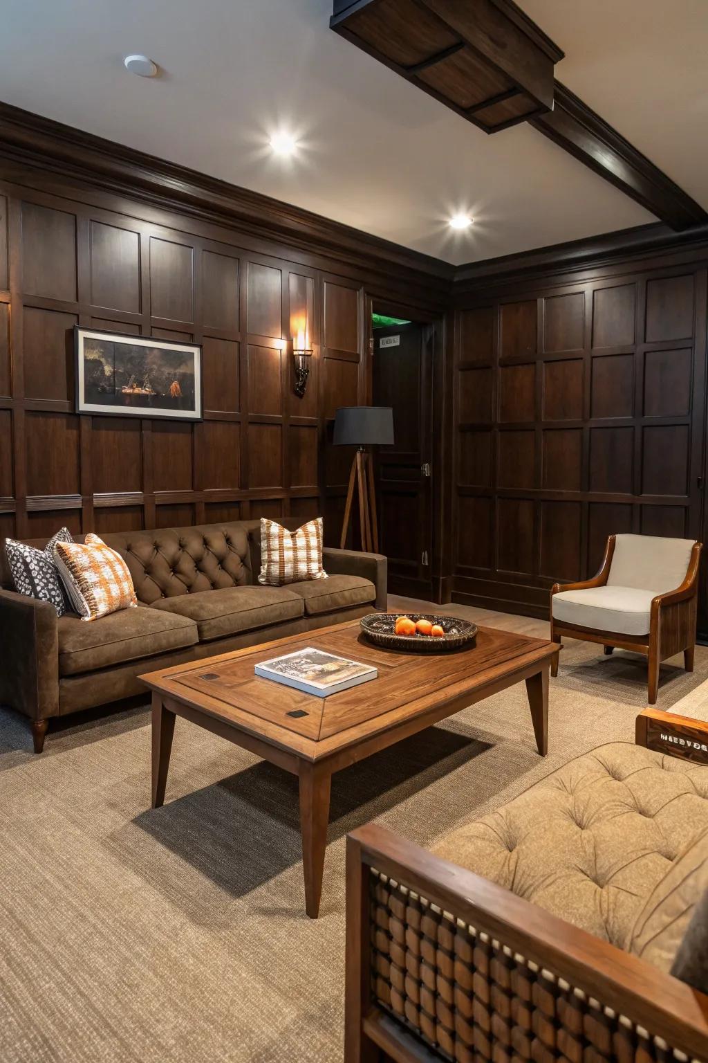 Dark wood paneling offers a cozy and welcoming atmosphere.
