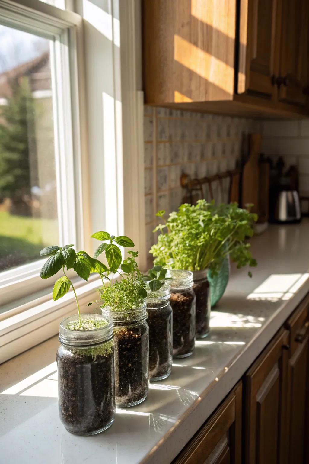 Herb-filled preserving-style jars providing fresh greenery in the kitchen.