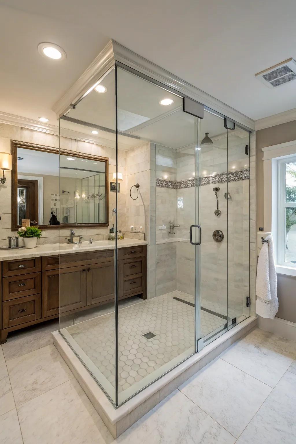 This stepless shower integrates an element of contemporary extravagance through its refined layout.