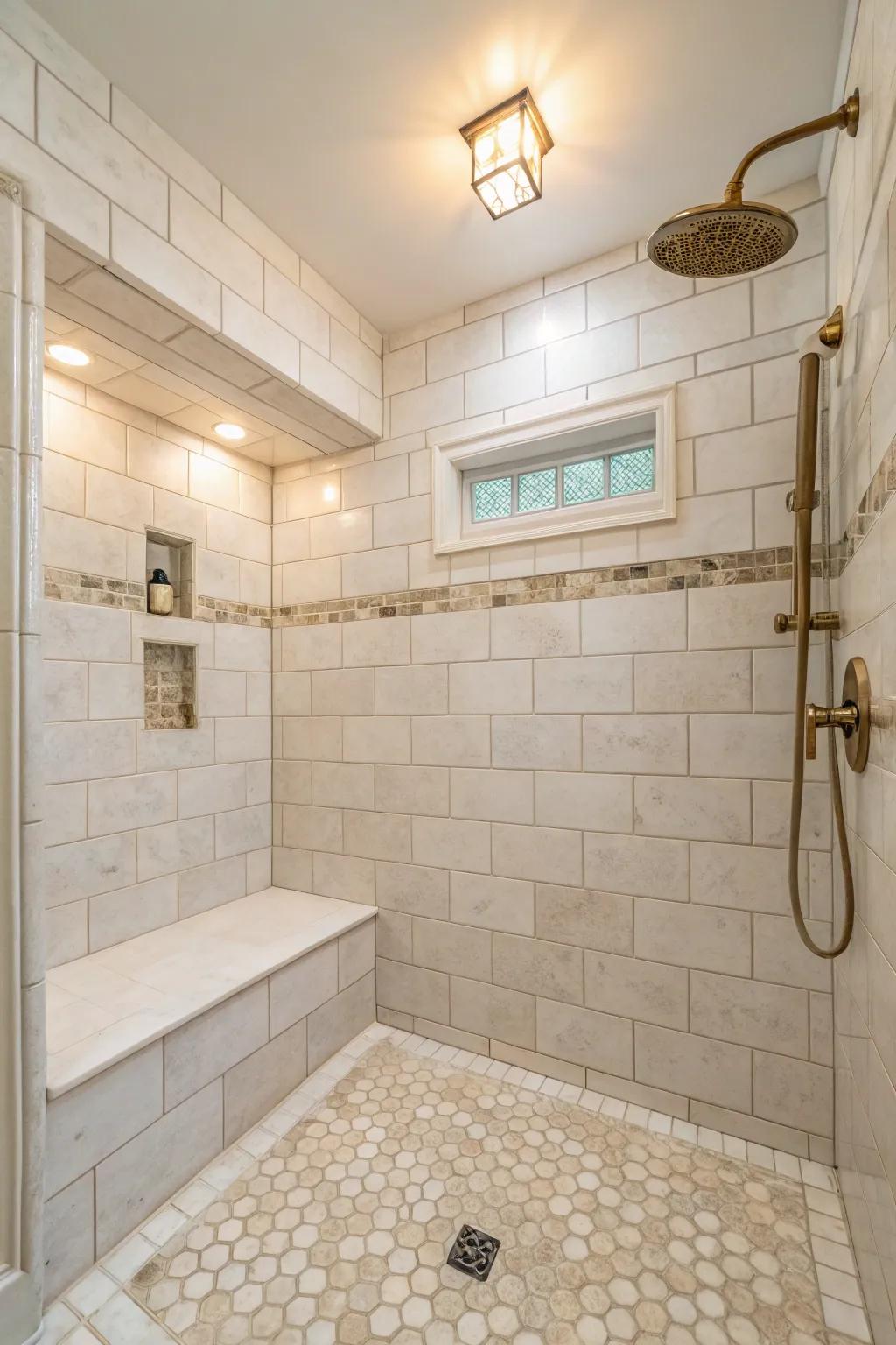 A shower with soft neutral-toned tiling producing a soothing and roomy environment.