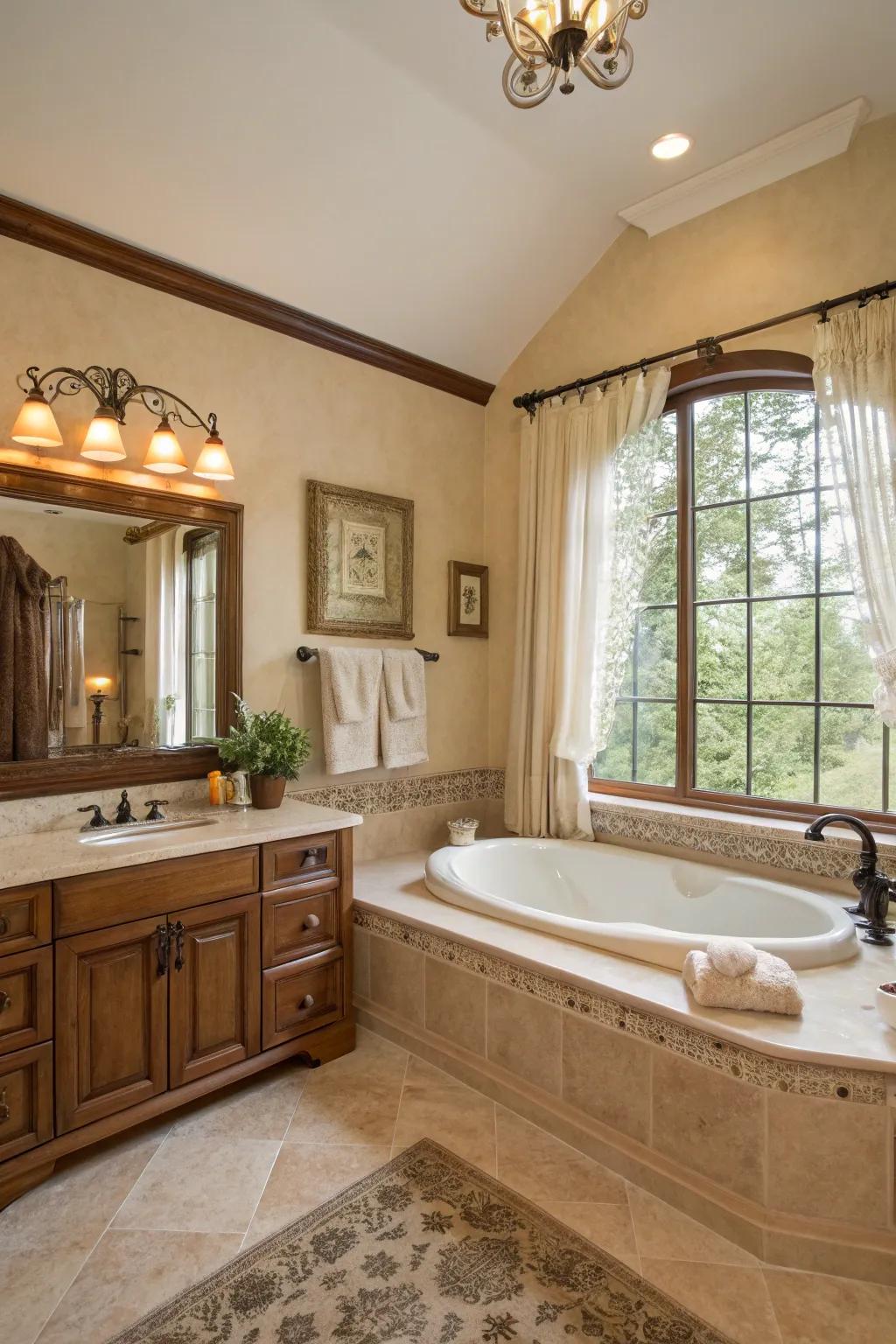 The master bathroom is enveloped in a soothing neutral color scheme.