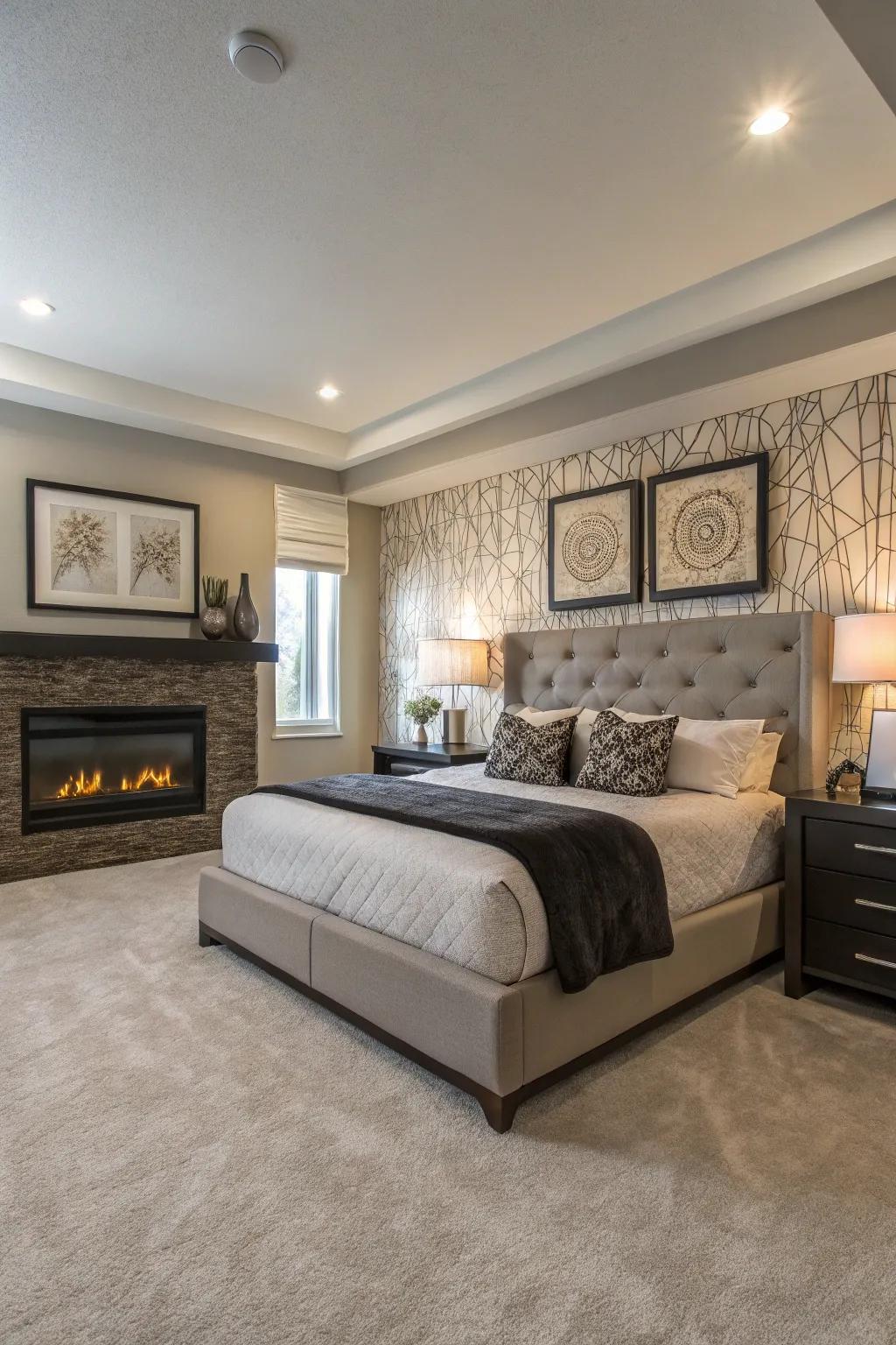 A wall-mounted electric fireplace contributes charm and saves area in the bedroom.