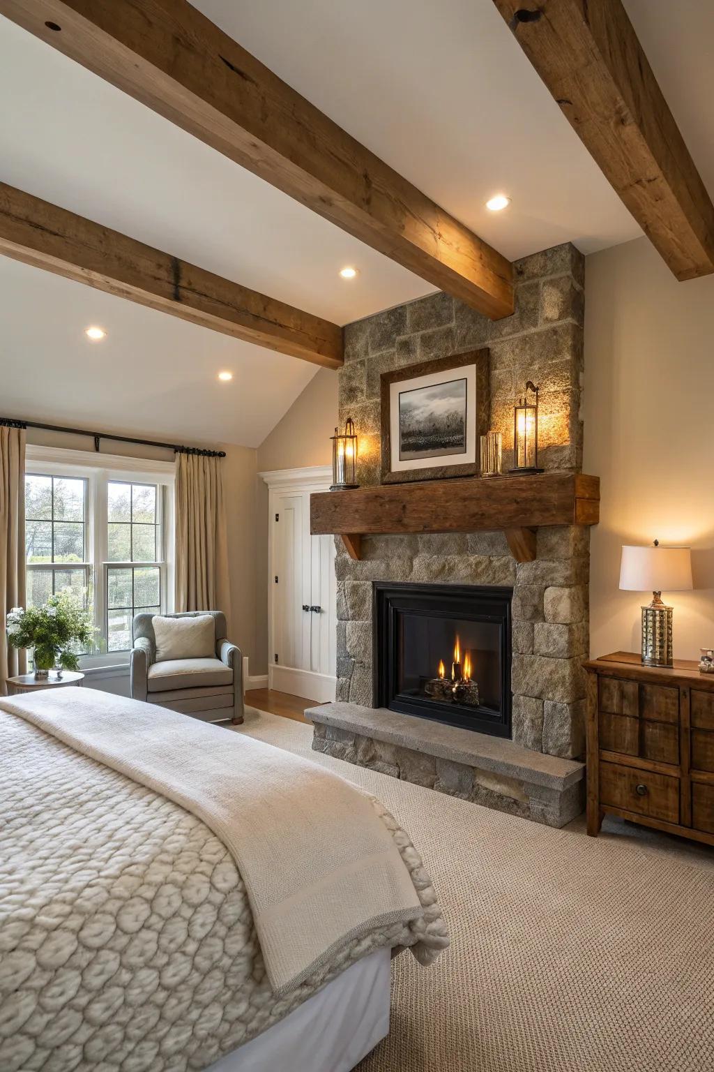 Countryside allure is elevated with a salvaged timber beam above the hearth.