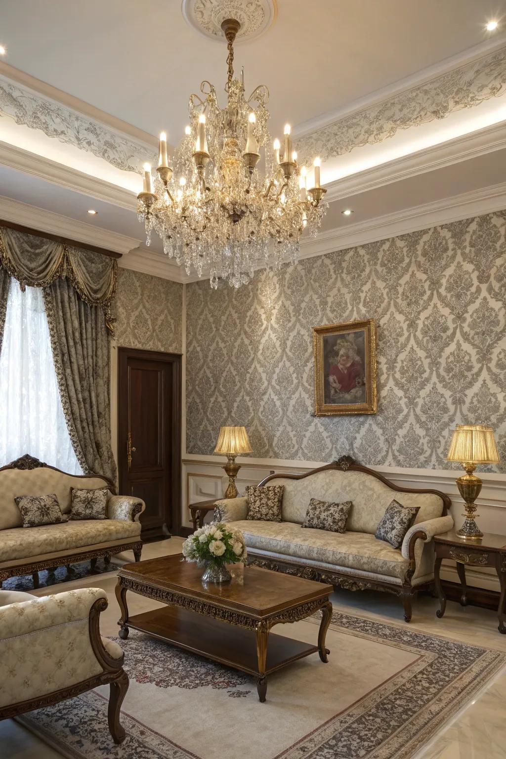 Brocade wallpaper lends an aura of refinement to a formal living space.