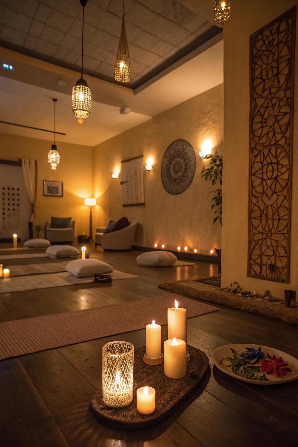A meditation space with ambient lighting from candles and lamps.