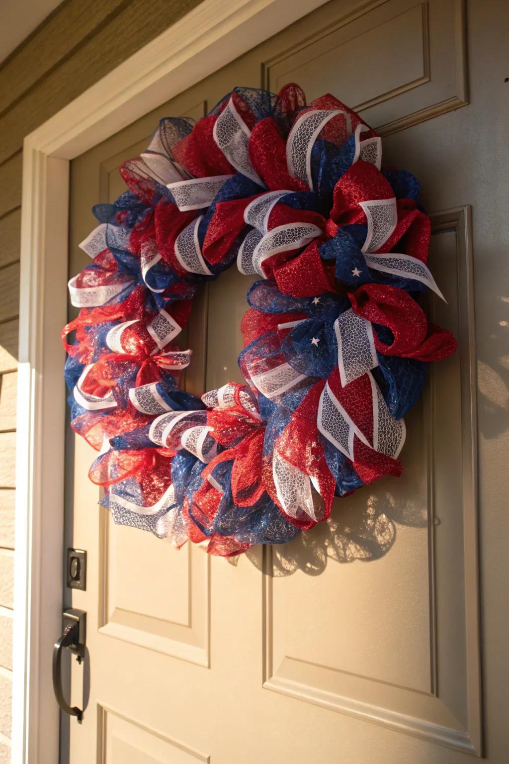 A bold netting wreath that attracts with patriotic flair.