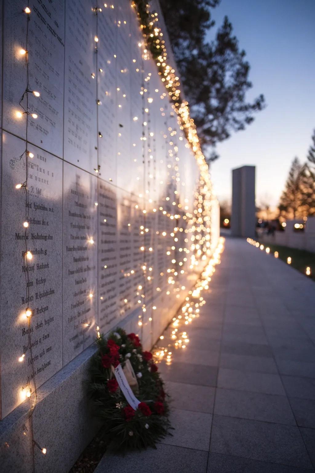 Fairy lights casting a warm radiance over a heartfelt remembrance display.