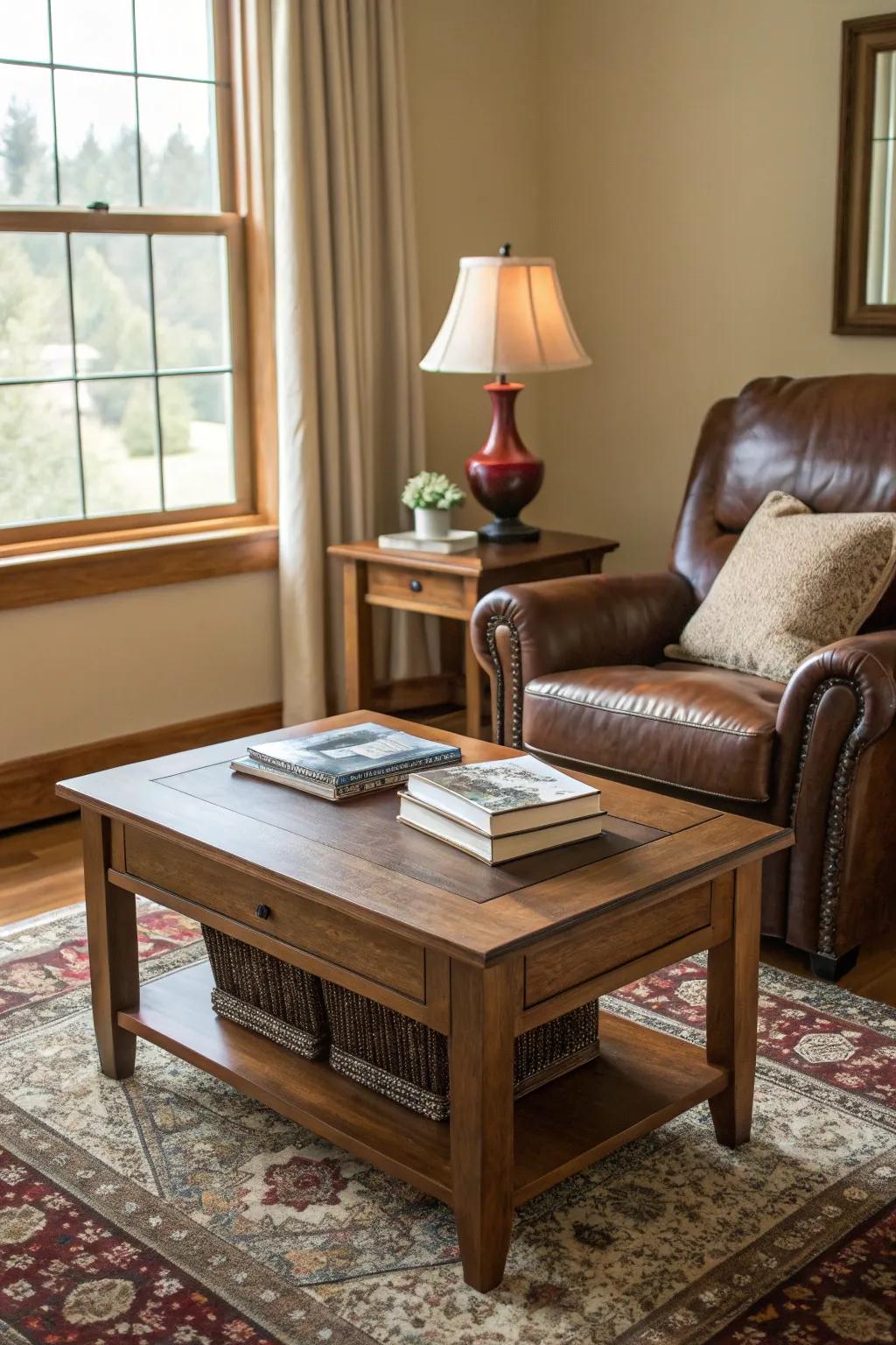 Tactile materials like timber and leather deepen the room's visual interest.