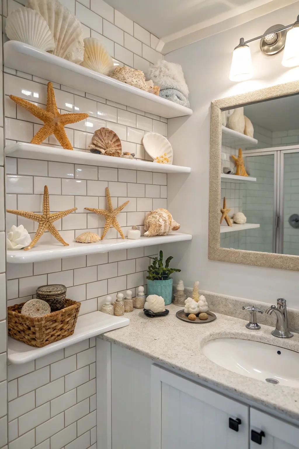 Shell embellishments contribute a fragment of the ocean to your bathing area decor.