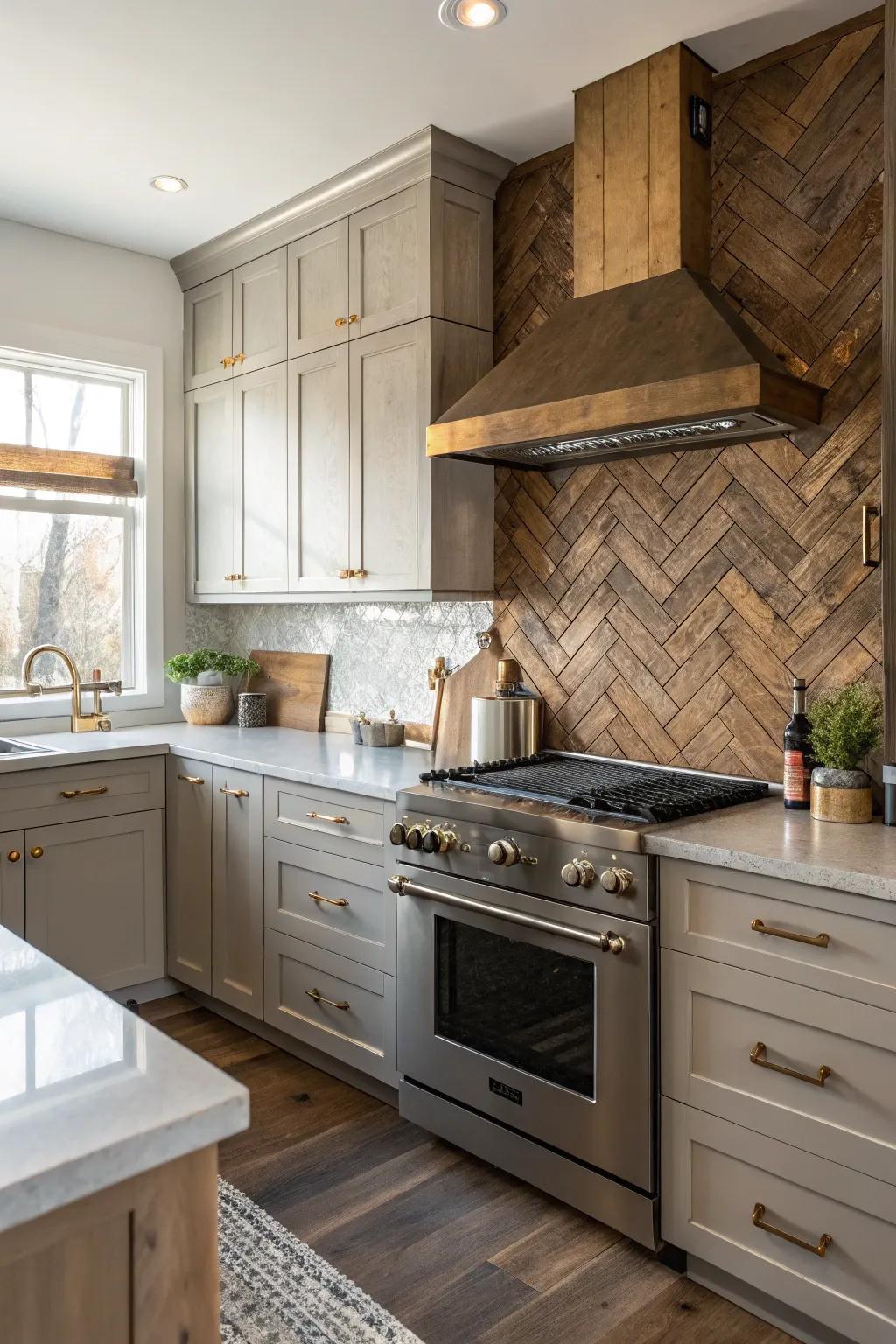 A kitchen showcasing a mix of metallic and timber backsplash.