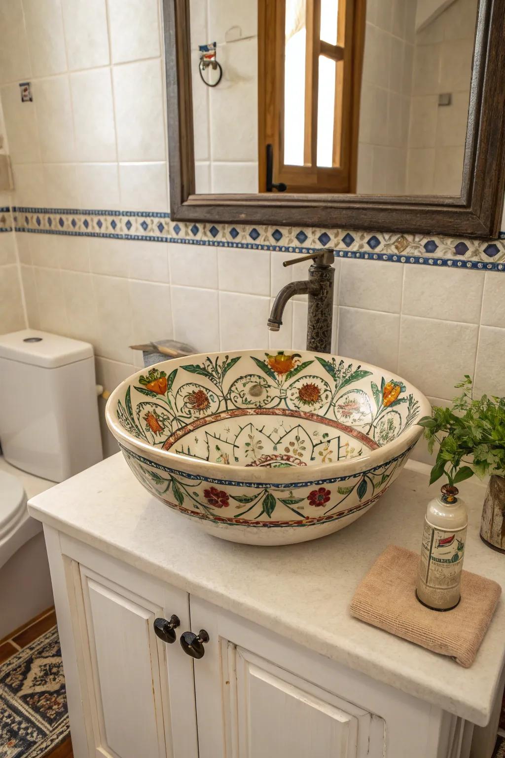 A striking artisanal sink as the center of attention.