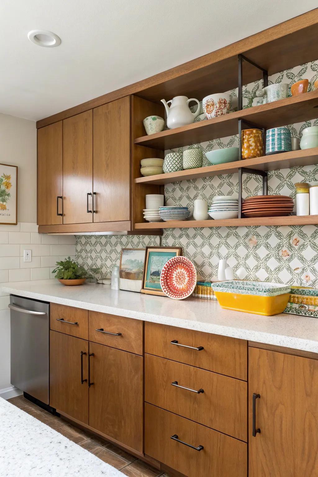 This mid-century modern kitchen has practical display space because of the open wall storage.