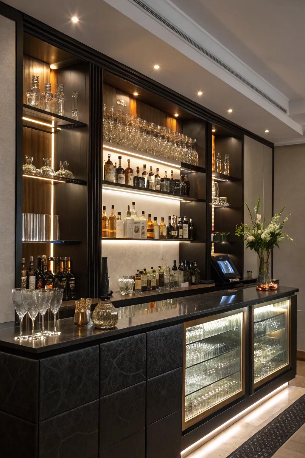 Spotlights draw focus to the mini bar’s highlights.
