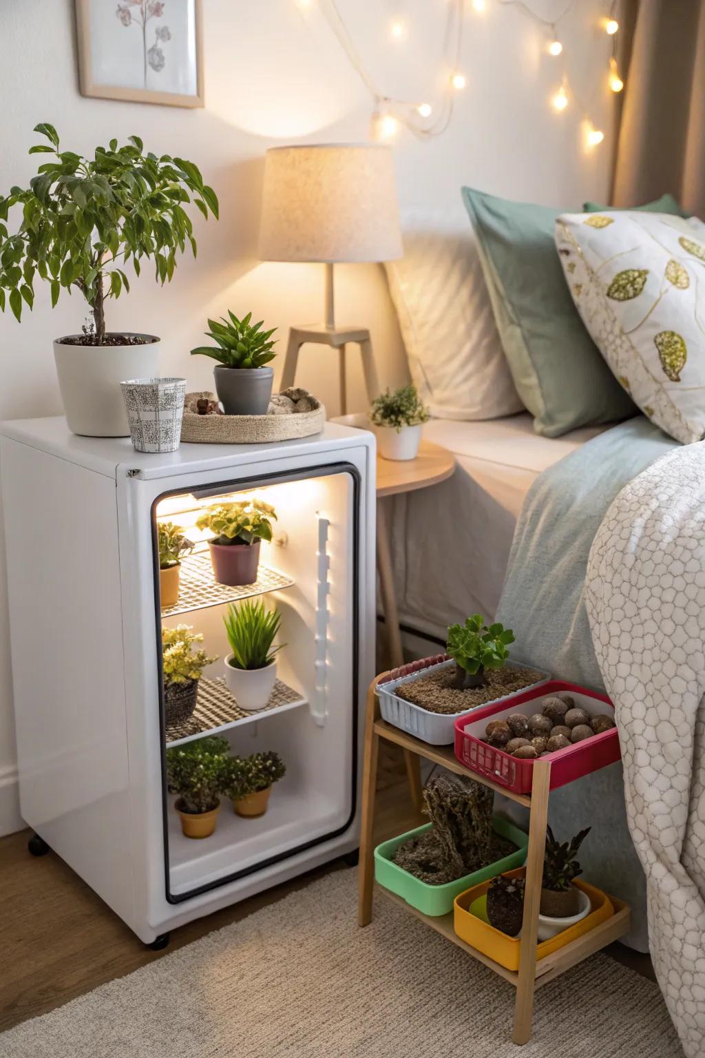 A small refrigerator enriched with ornamental elements in a bedroom.