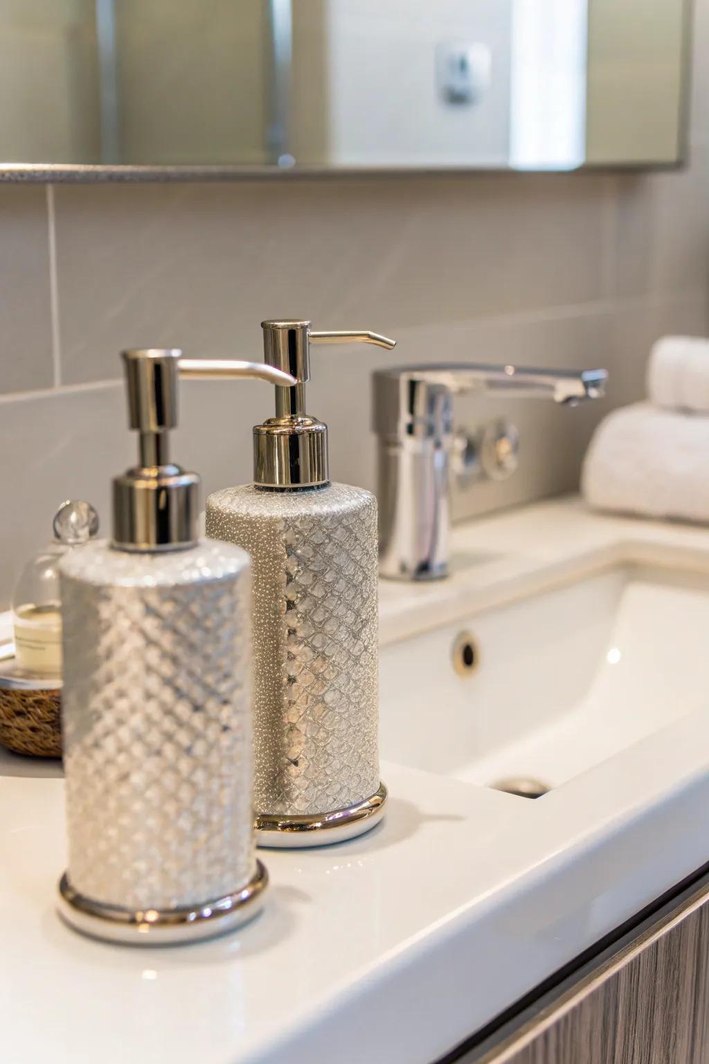 Harmonized liquid bottles impart a touch of sophistication to the bathroom design.