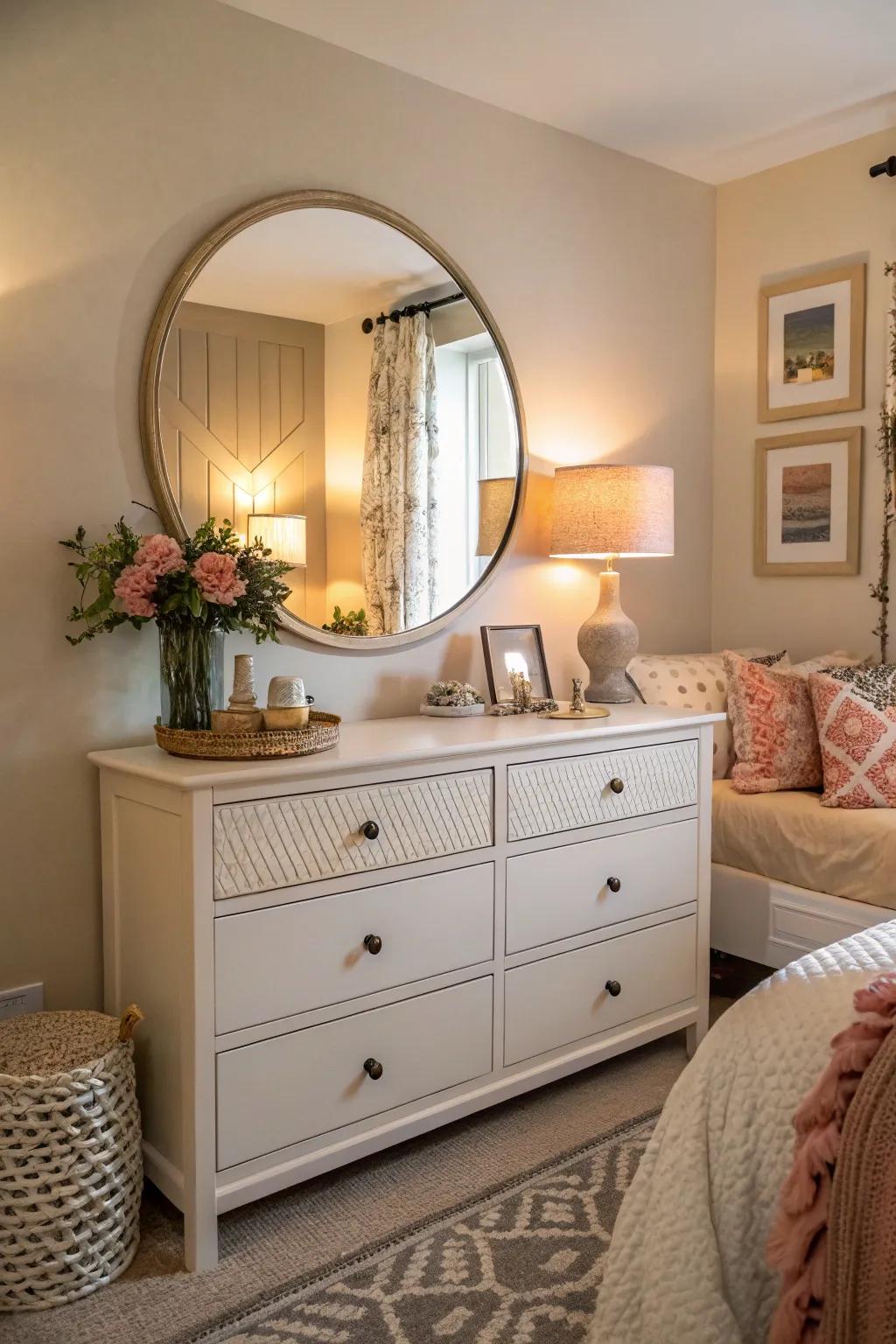 Round mirrors soften hard lines and add a welcoming touch.