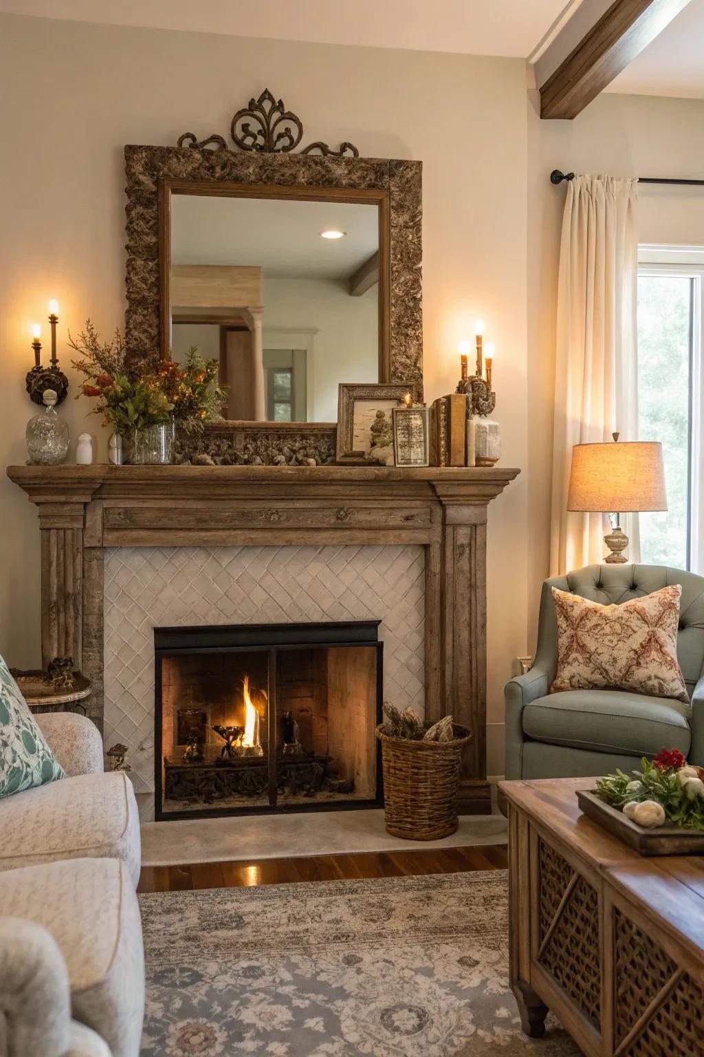 A mantel mirror enhances the cozy ambiance of the living room.