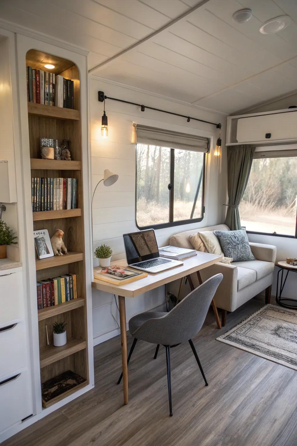 A chic home office featuring a desk and bookshelf, delivering a committed workspace in a mobile residence.