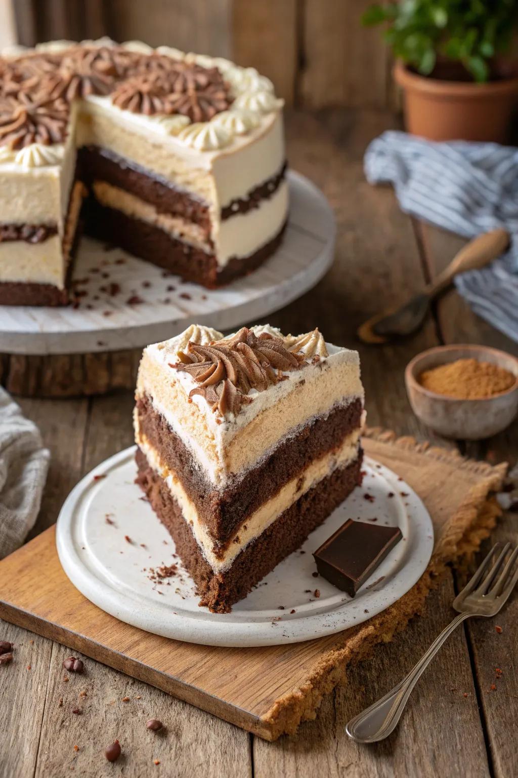 Tiered mocha cake showcasing unique cream and mocha strata.