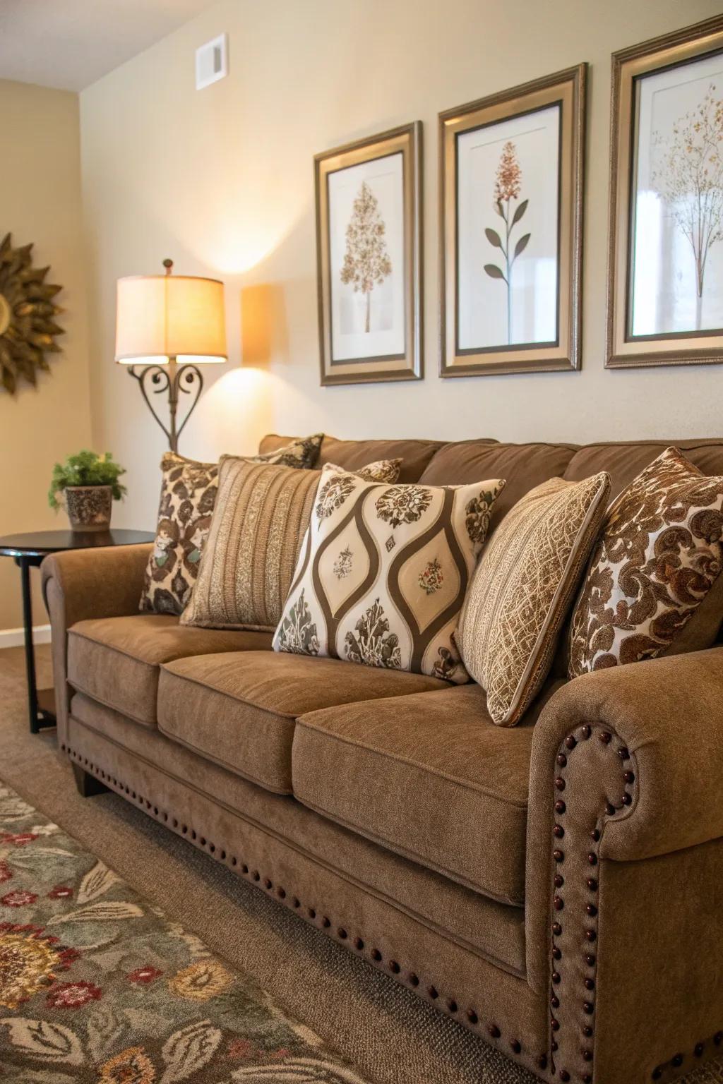 Decorative highlights imbue individuality into the chocolate-brown sofa section.