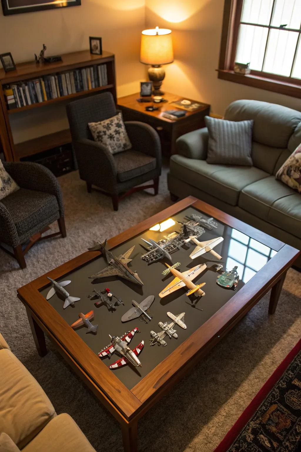 Transform your coffee table into a conversation piece featuring miniature aircraft.